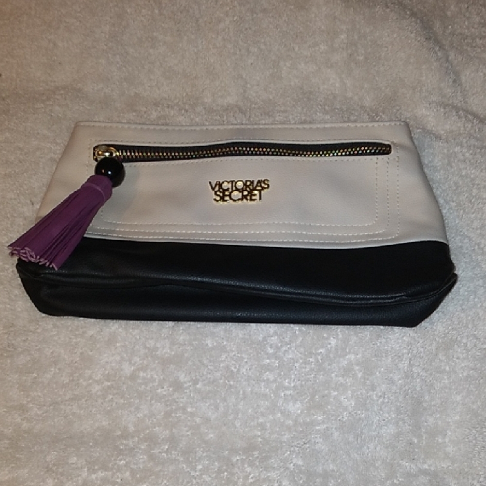 Victoria's Secret Black White Cosmetic Pouch with Purple Tassel